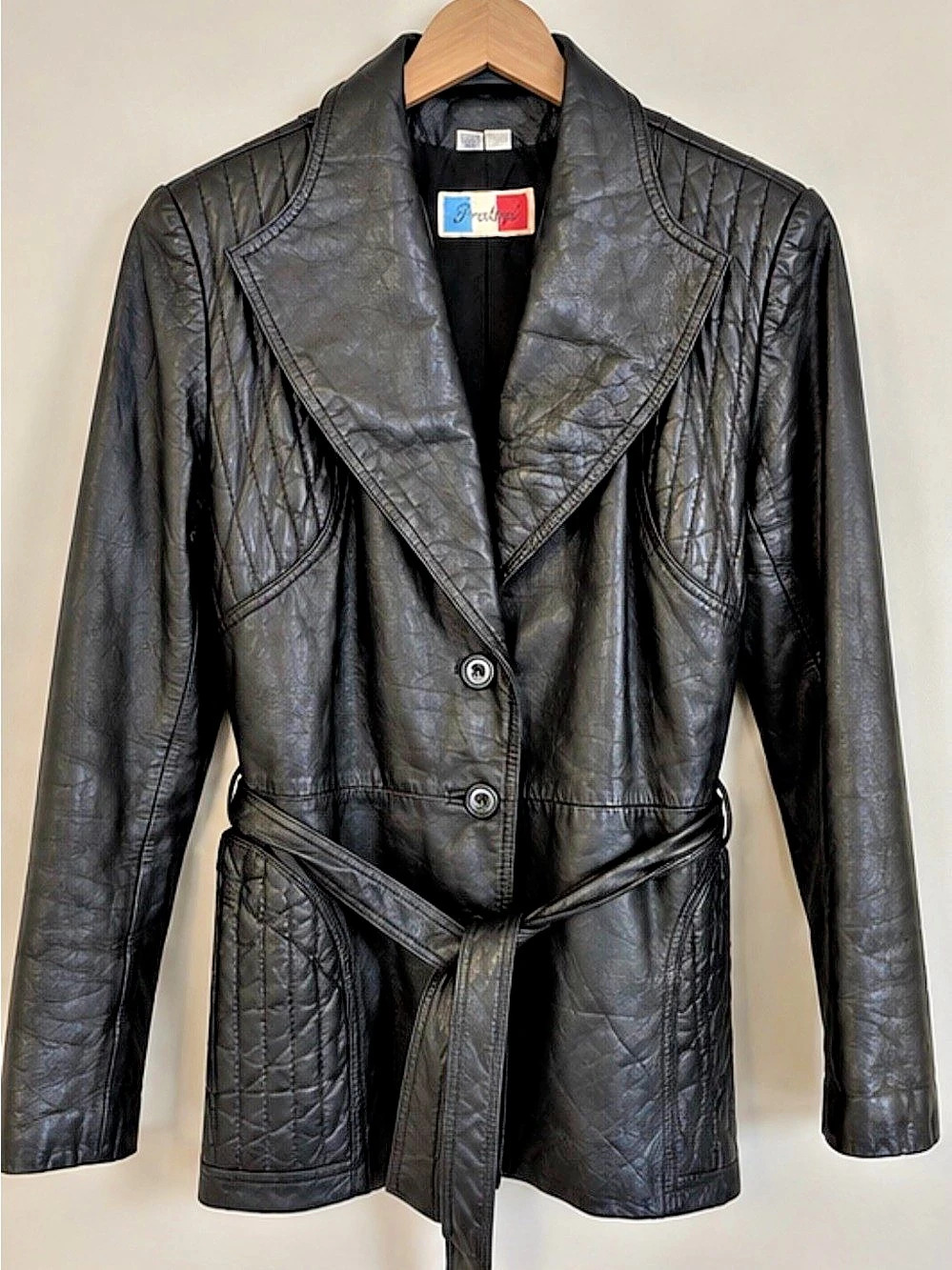 Vintage Protegé Black Leather Jacket | Quilted Panels, Belted Waist | Size 15/16